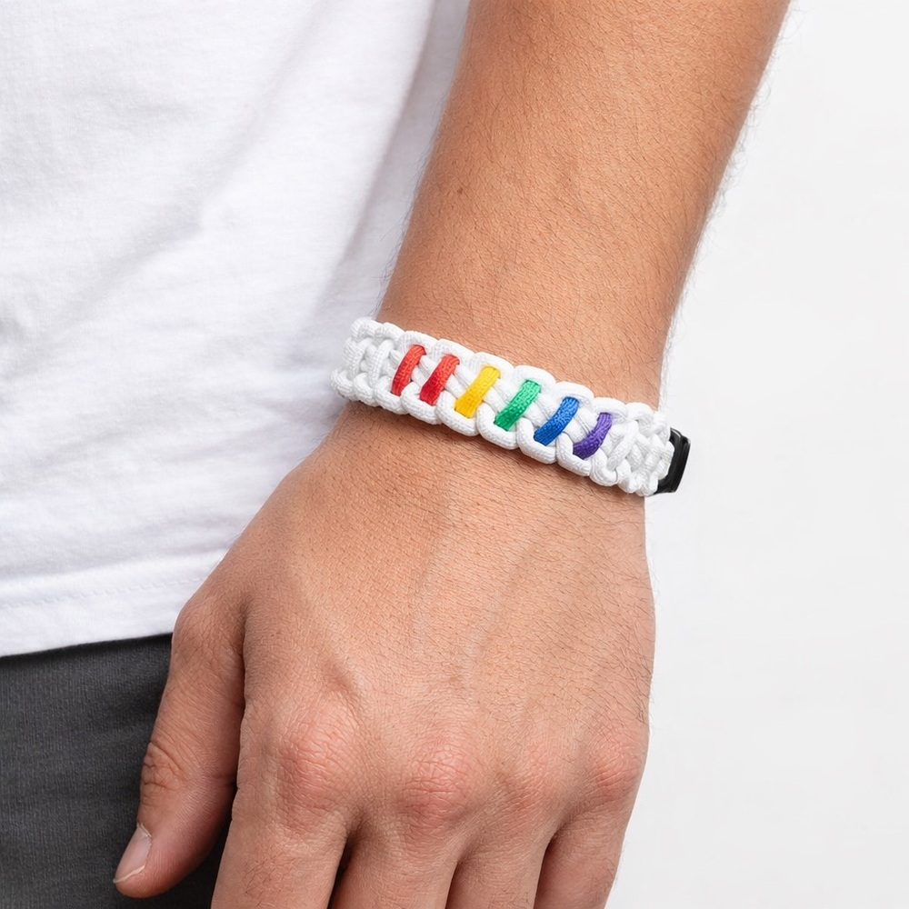 Handmade White Rainbow Paracord Bracelet Pride Woven 7.5”